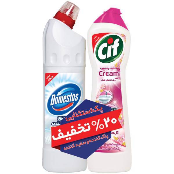 پک تمیز کننده سطوح سیف مدل Cream Juice و سفید کننده سطوح دامستوس مدل Snow White، Cif Cream Juice Surface Cleaner And Domestos Snow White Surface Bleach Pack